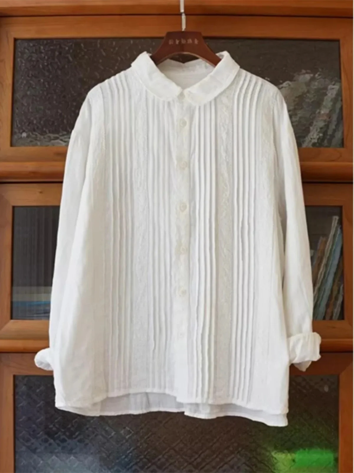 

Loose Cotton irt Women's White Lace Trim Pleated Double Layer Doll Collar Commute Top Slimming Effect Long Sve Regular L...