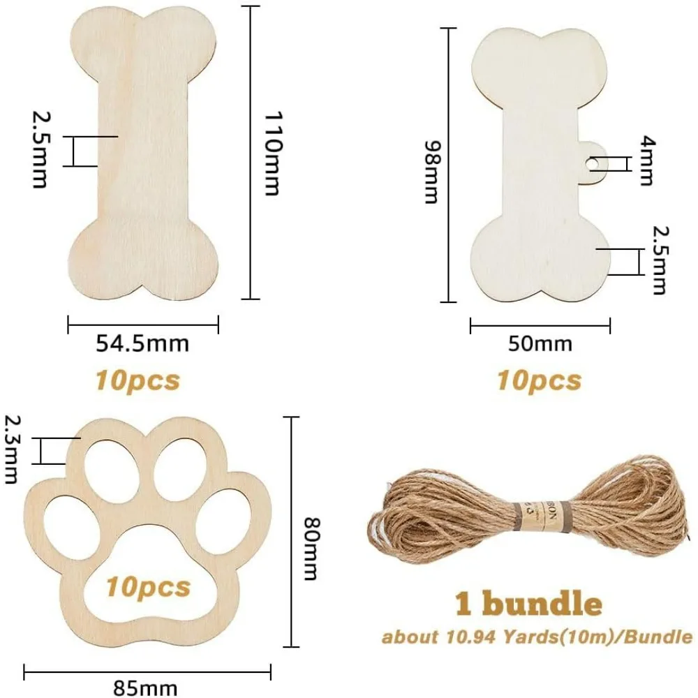 20pcs 2 Size Unfinished Blank Wood Dog Bone Hanger Sign with 20pcs Wooden Animal Paw Print Pendant and 10pcs Hemp Cord 1