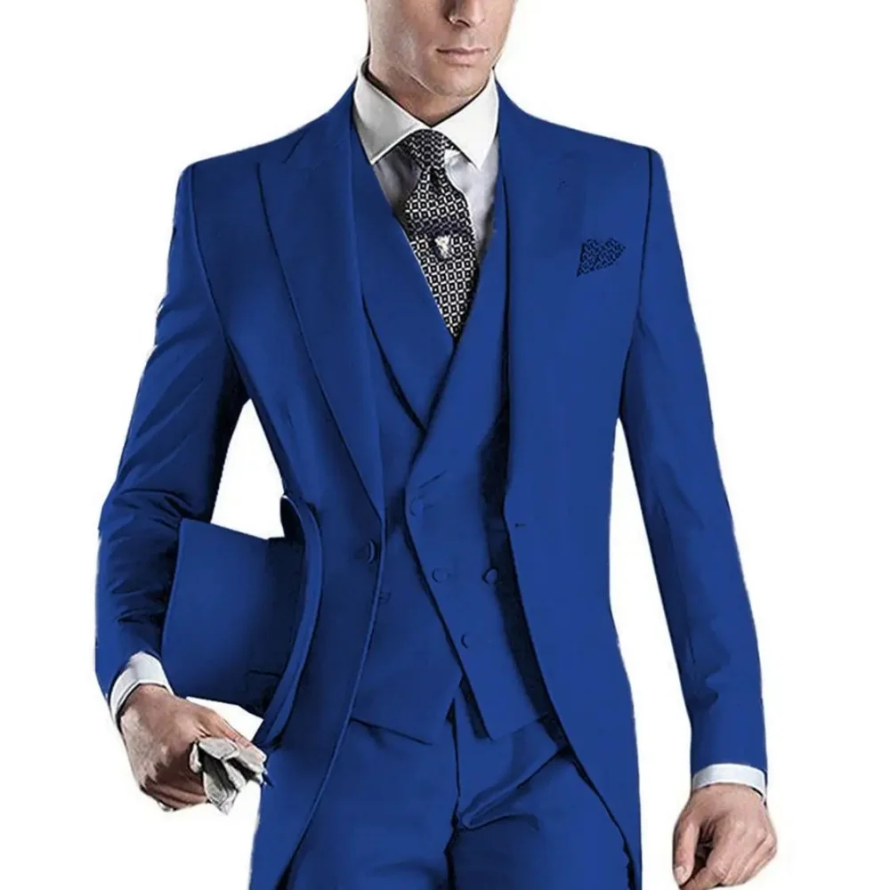 

Royal blue 3 Piece Wedding Suits for Men Slim Fit Groom Tuxedos Notch Lapel Business Formal Party Male Blazer Vest Pants Costume