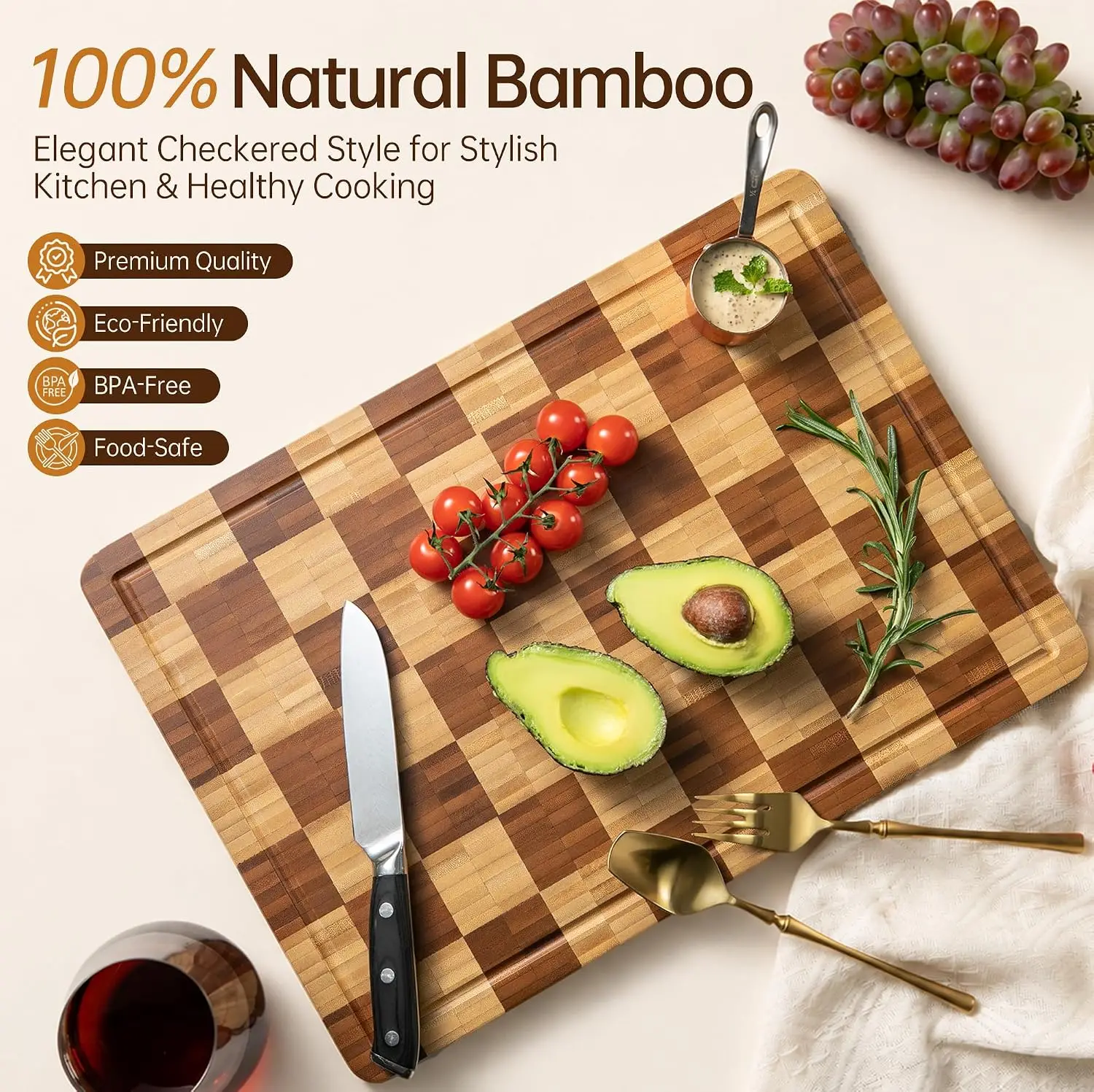 Bamboo Cutting Boards for Kitchen End Grain Wood Cutting Board with Juice Grooves & Handles Charcuterie Checkered Chopping Board