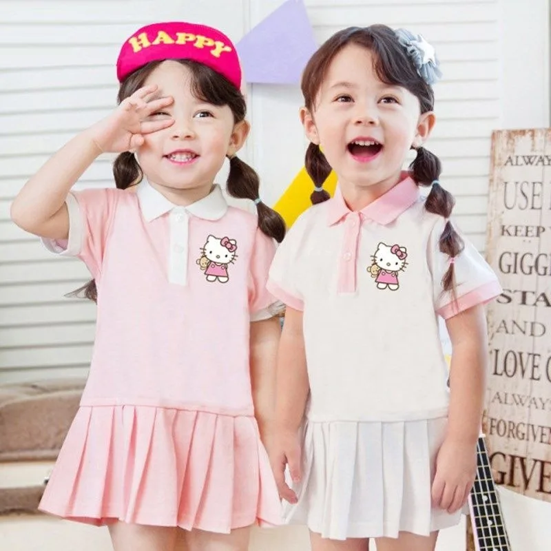 

New Hello Kitty Anime Kawaii Sanrio Ins Fashion Children Short Sleeve Skirt Summer Cute Cartoon Baby KT Cat Dress Clothes Gifts