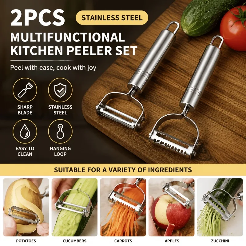 2Pcs Stainless Steel Peeler Multifunctional Vegetable Fruit Slicer Cutter Kitchen Tool
