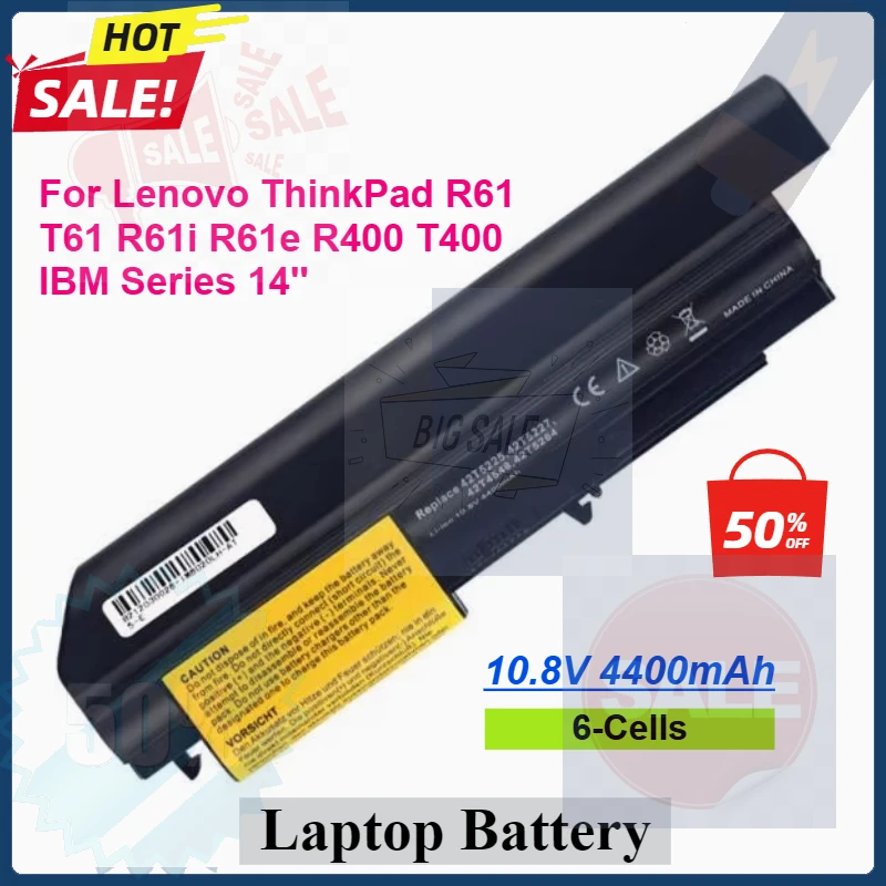 

10.8V 4400mAh 6-Cells Laptop Battery for Lenovo ThinkPad R61 T61 R61i R61e R400 T400 IBM Series 14'' Replacement Batteries