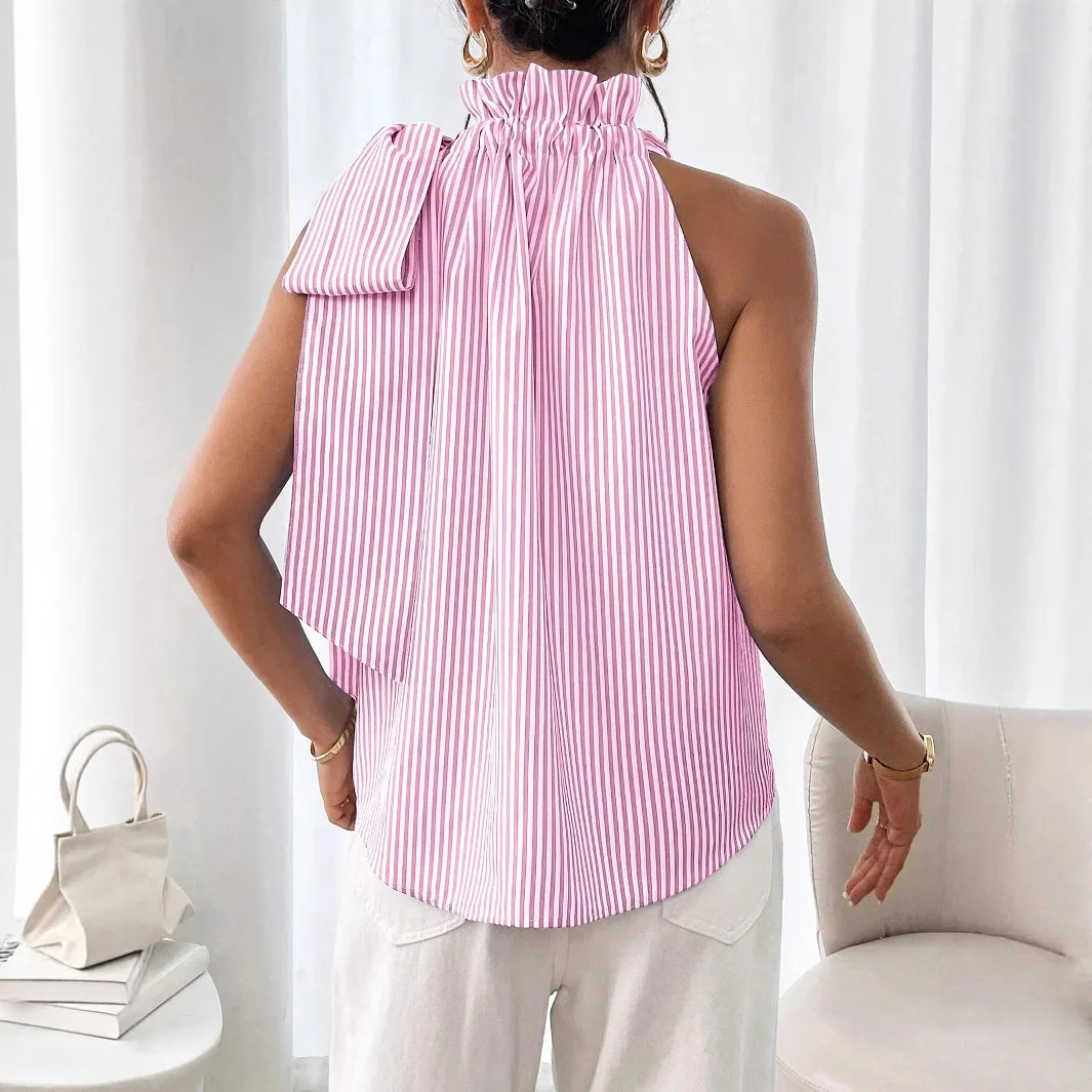 Women's Blouses Summer Fashion Bow Sleeveless Striped Lace Turtleneck Tethered T-shirt Top For Women Casual Pullover Shirts New