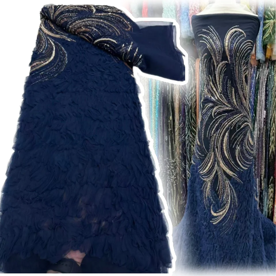 

Feather 3D Beaded Embroidery Lace Fabric African Lace Fabric 5 Yards High Quality Sequins French Mesh Lace for Sewing TP1368