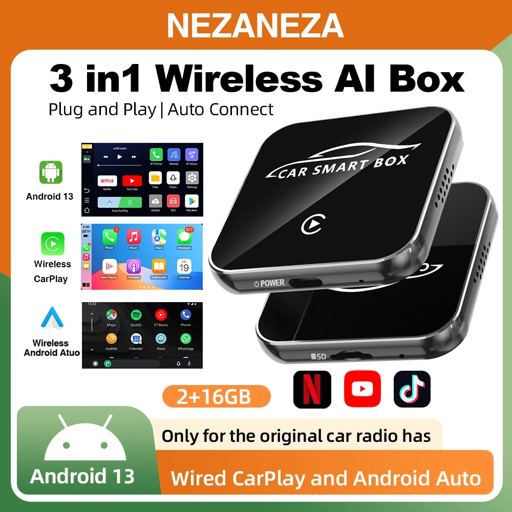 

3IN1 AI Box Проводной к беспроводному CarPlay Android Auto Plug and Play Bluetooth WiFi USB Type C Адаптер Универсальный Android 13 2 ГБ 16 ГБ