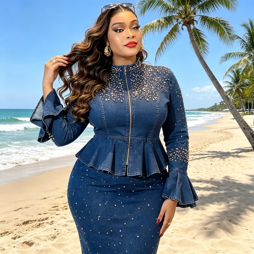 

African Clothes for Elegant Women Denim Diamonds Zipper Tops and Bodycon Skirt 2 Piece Dress Suit Ankara Dashiki Turkey Outfit