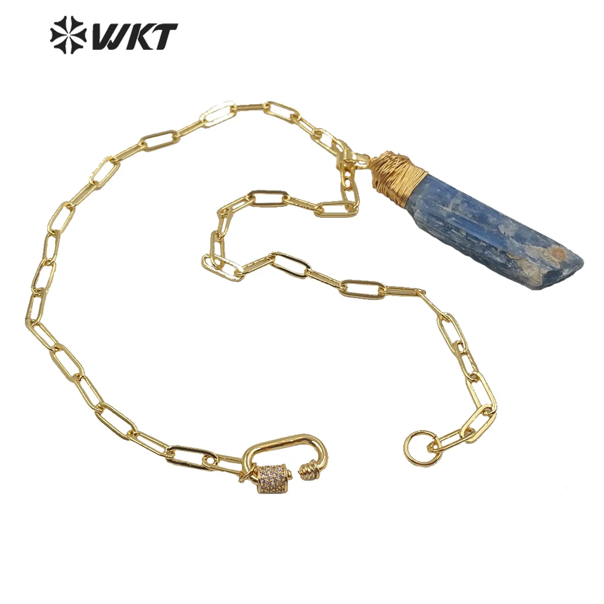 WT-N1221 Natural Stone Necklace Brass Wire Warpped Blue Kyanite Gold Electroplated Pendant Accessory Unisex Fashion Jewelry