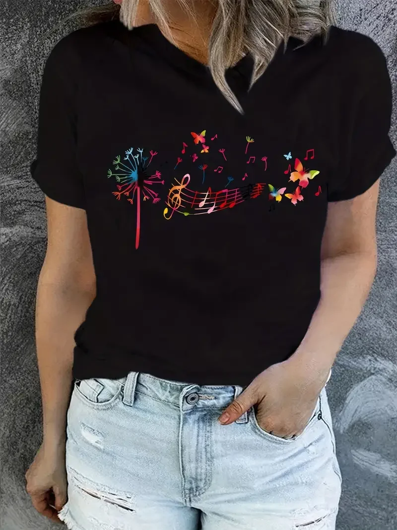 Notes and Butterflies Graphic T-Shirt Women's Street dressing Summer Fashion Harajuku Casual O-Neck Short sleeve Original design