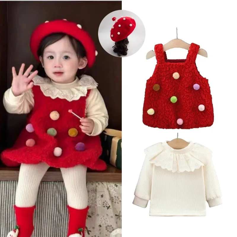 

Kids Christmas Korean Style Dress Cosplay Baby Girl Base Shirt Red Halter Dress Hat Winter Cuter Suit Carnival Party Outfit Gift