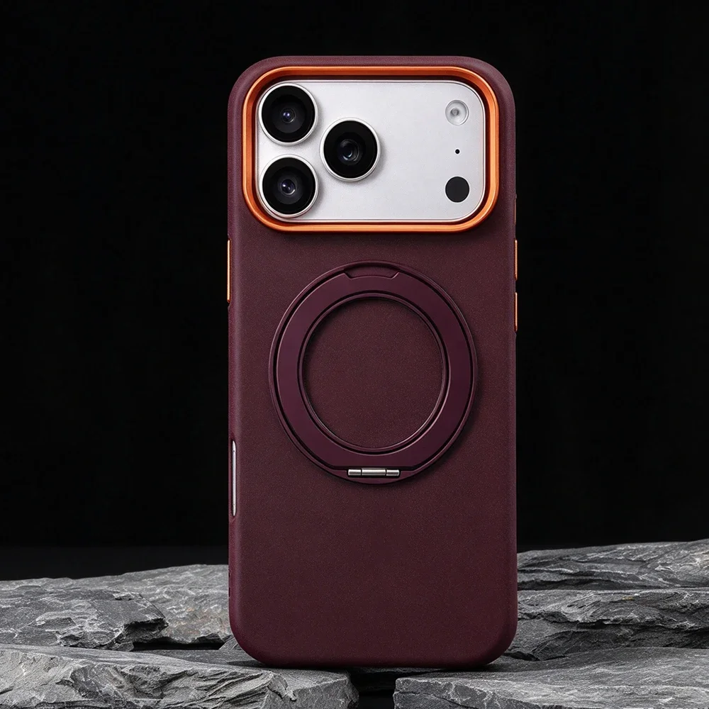 Cherry Red Rotation Holder Magnetic Charging Phone Case For iPhone 18 17 16 15 14 13 12 Pro Max Sandstone Texture Mgasafe Case