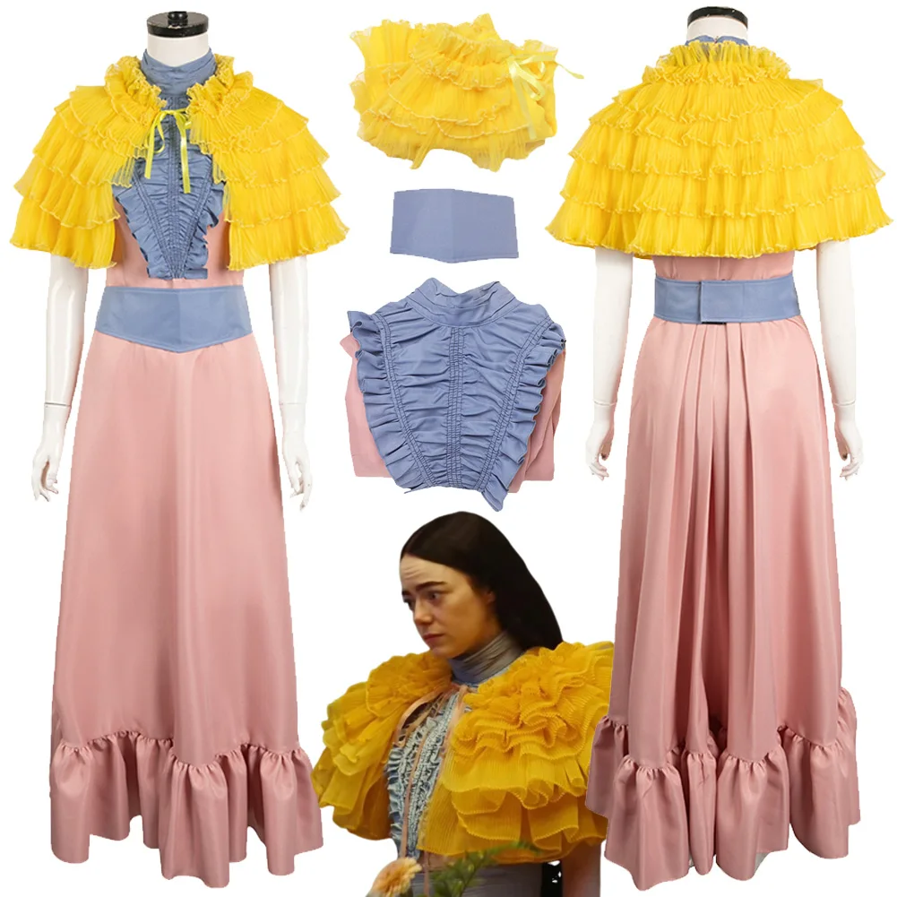 

Belle Baxter Blue Pink Set Costume 2023 Movie Poor Things Cosplay Outfit Yellow Shawl Dress Belt Women Halloween Roleplay Suits