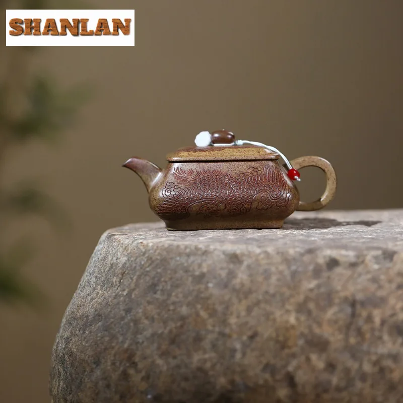 

210 мл антикварные чайники из фиолетовой глины Исин, квадратный горшок ручной работы, фарфоровый грязевой чайник с необработанной рудой, чайный сервиз Zisha