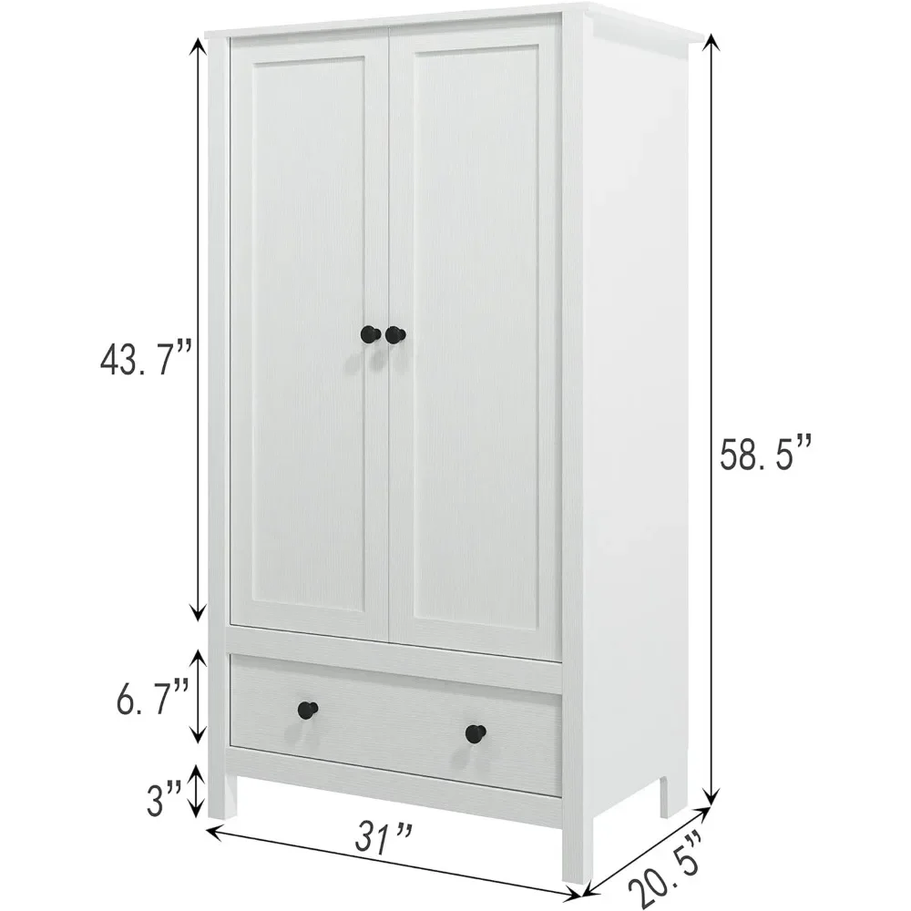 Storage 2 Door Wardrobe Clothes  With Drawer for Bedroom (White)