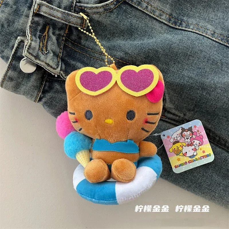 2024 Black Skin Hello Kitty Hawaiian Style Bag Pendant Cartoon Brown Swimming Circle Plush Keychain Kawaii Backpack Decoration