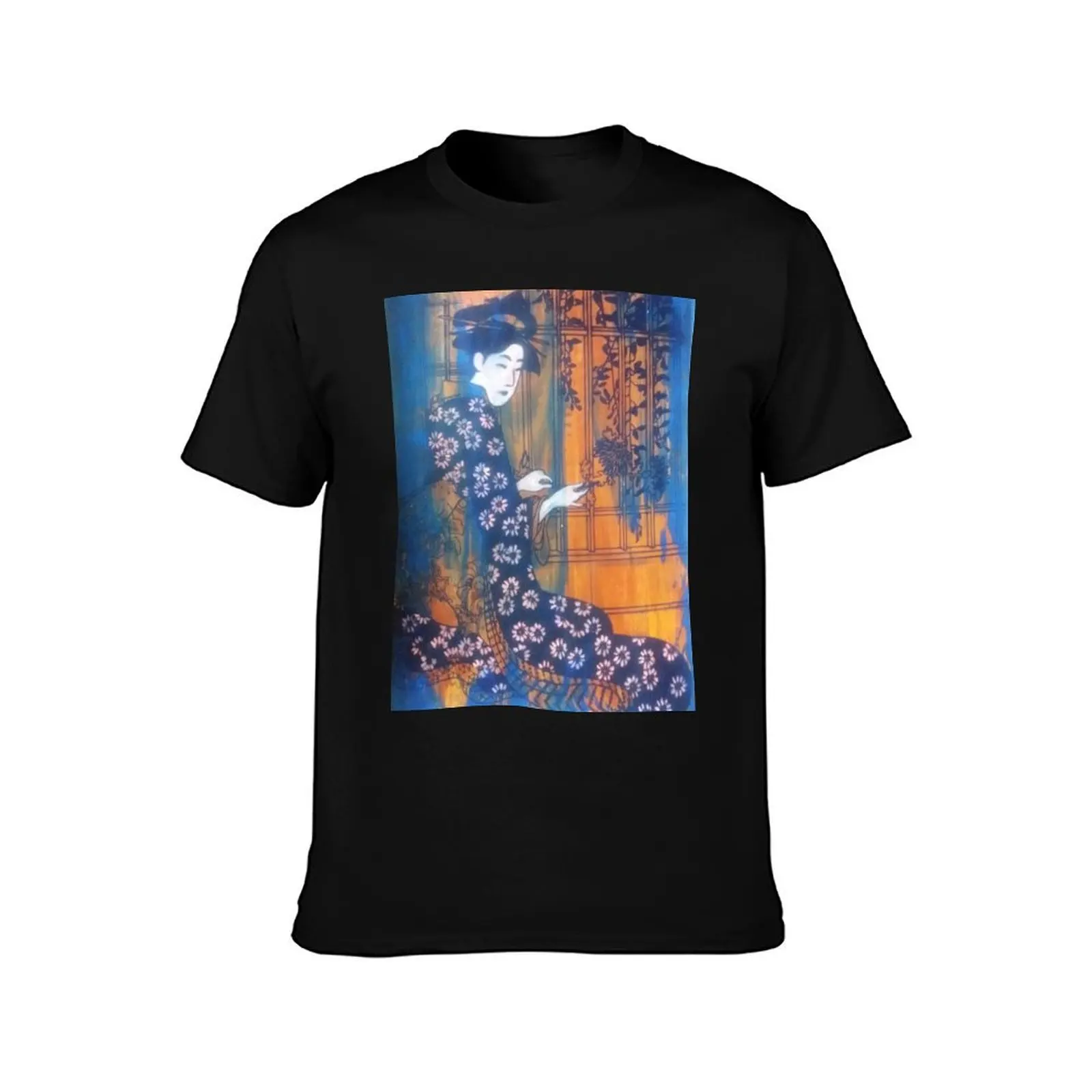 Geisha picking flowers T-Shirt Summer Casual Cotton Tee Oversized Streetwear Tops Vintage Graphic Print Unisex Men Women
