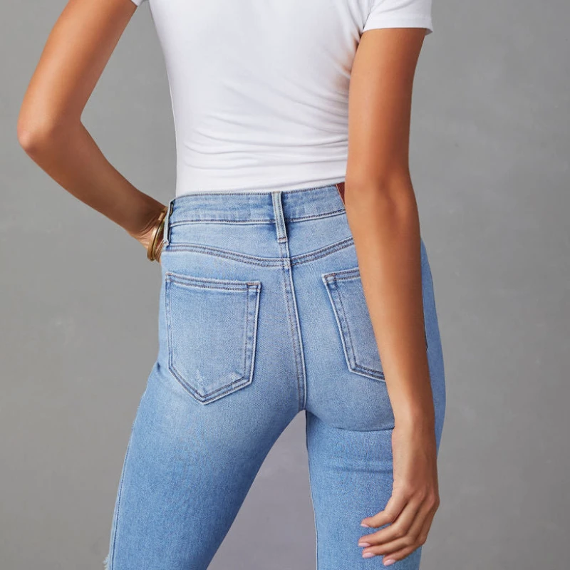 Nuove donne stretch slim fit azzurro jeans di alta qualità a vita alta pantaloni casual in denim dritto da donna