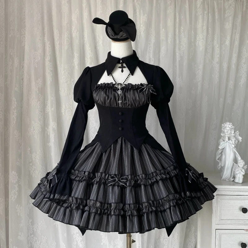 Vintage Gothic Lolita Dress Sets Women Halloween Duke Cosplay Costumes Harajuku Y2k Party Mini Dresses Punk Dark Stripe 2025