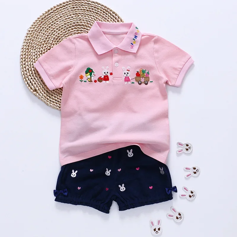 Summer 2023 New Girl Cartoon Garden Bunny Short Sleeve T-shirt Polo Shirt Kids Top