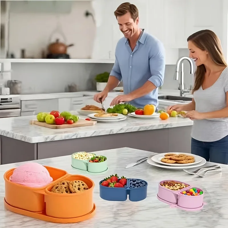 Silicone Snack Container/Covered Reusable Dual-Compartment Food Storage Lunchbox/Leak-Proof Design/Suitable for Outdoor Picnics