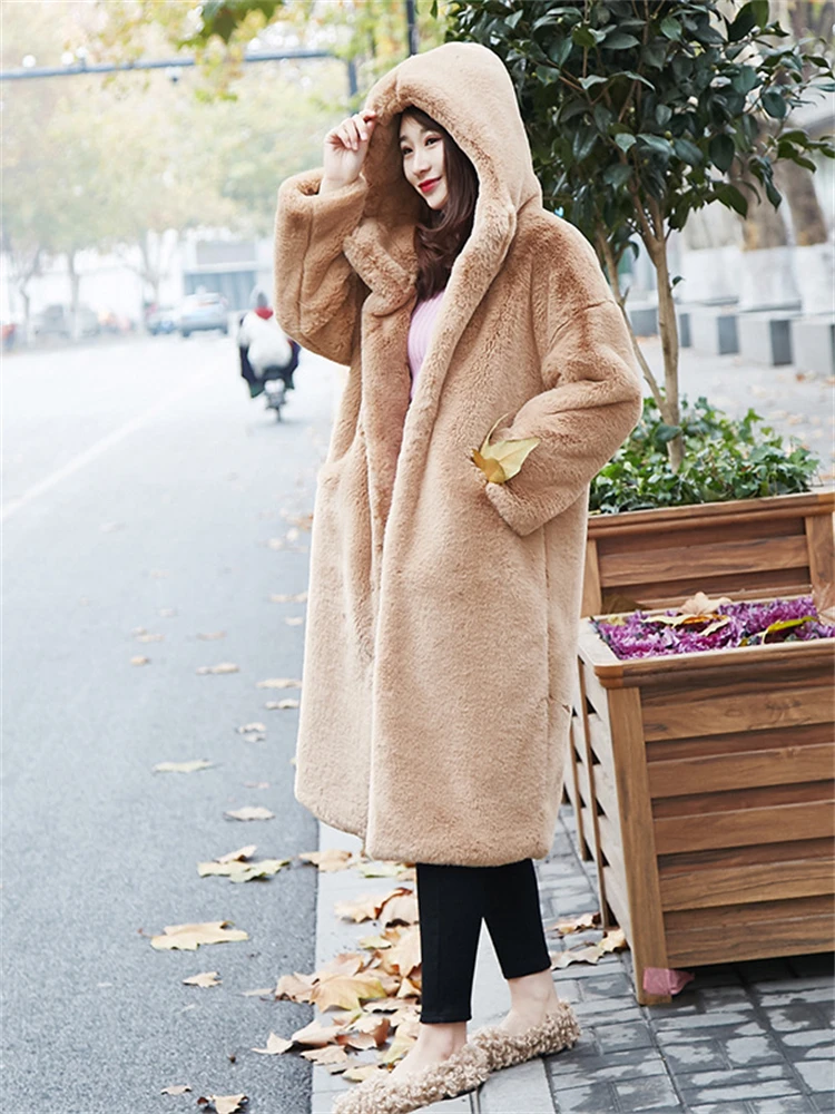 Hooded Long Faux Fur Coats Imitate Mink Winter Furry Jacket Thicken Warm Loose Chaquetas High Quality Korean Fashion Outerwear