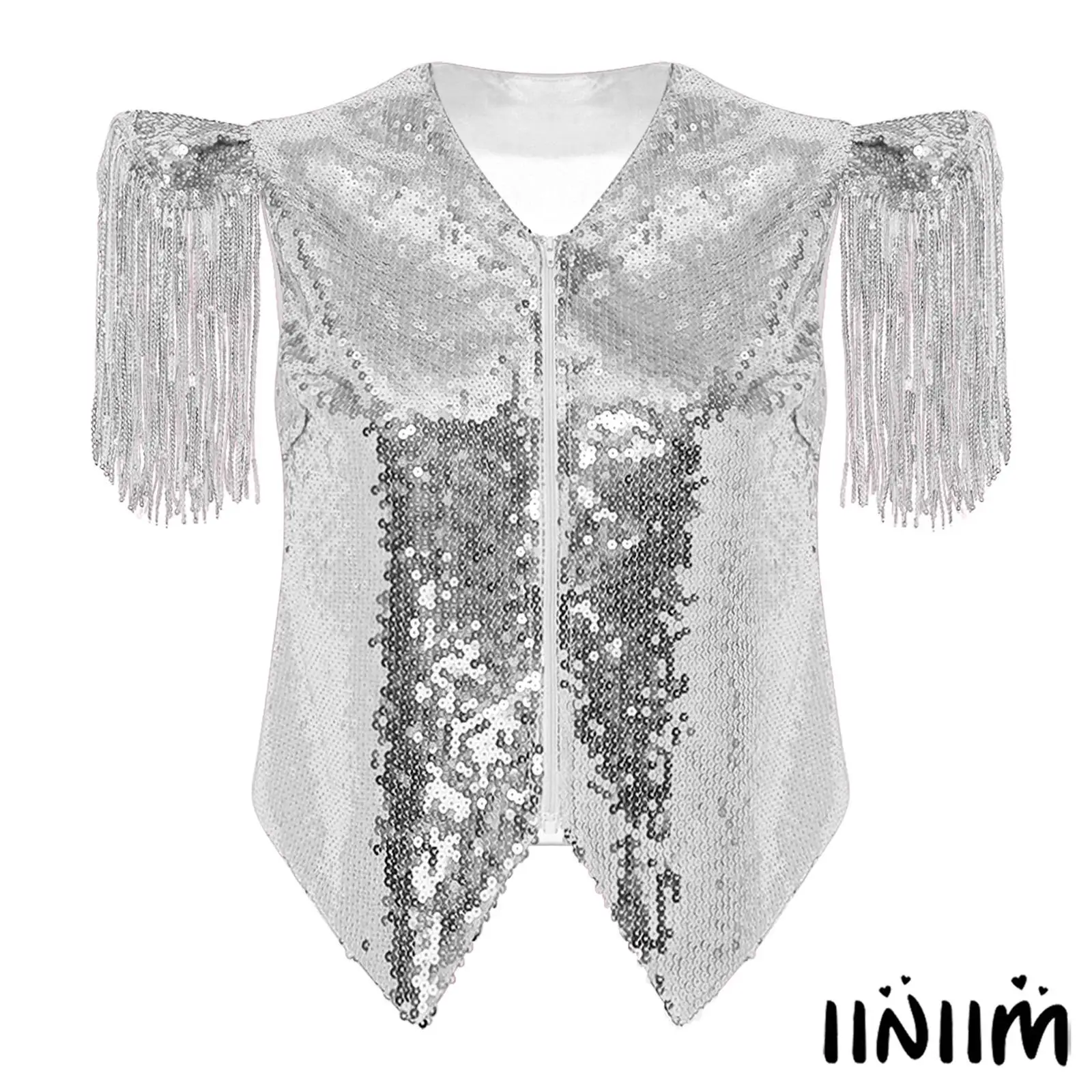 Womens Rave Dance Clubwear Vest Disco Hip Hop Sequined Fly Sleeve V Neck Front Zipper Tassel Glitter Metallic Back Tank Top