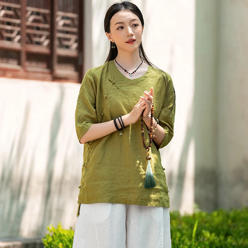 

Chinese Style Women Cotton Linen Casual Shirt New Arrival 2025 Summer Vintage V-neck Solid Color Loose Female Tops Shirts M1847