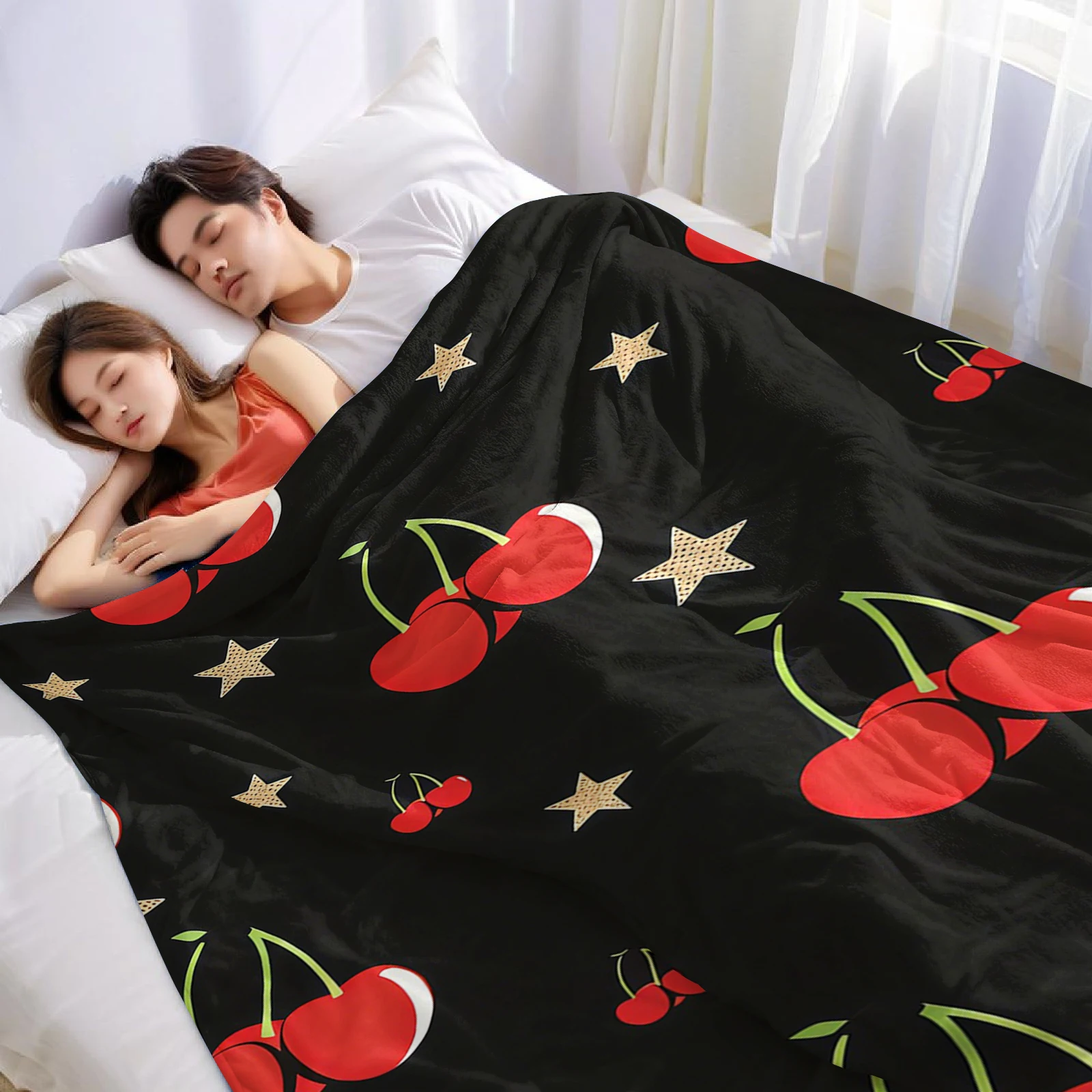 Cherry Star Halloween Flannel Fleece Blanket Fluffy Warm Cozy Throw for Sofa Bedroom Home Holiday Decoration Gift