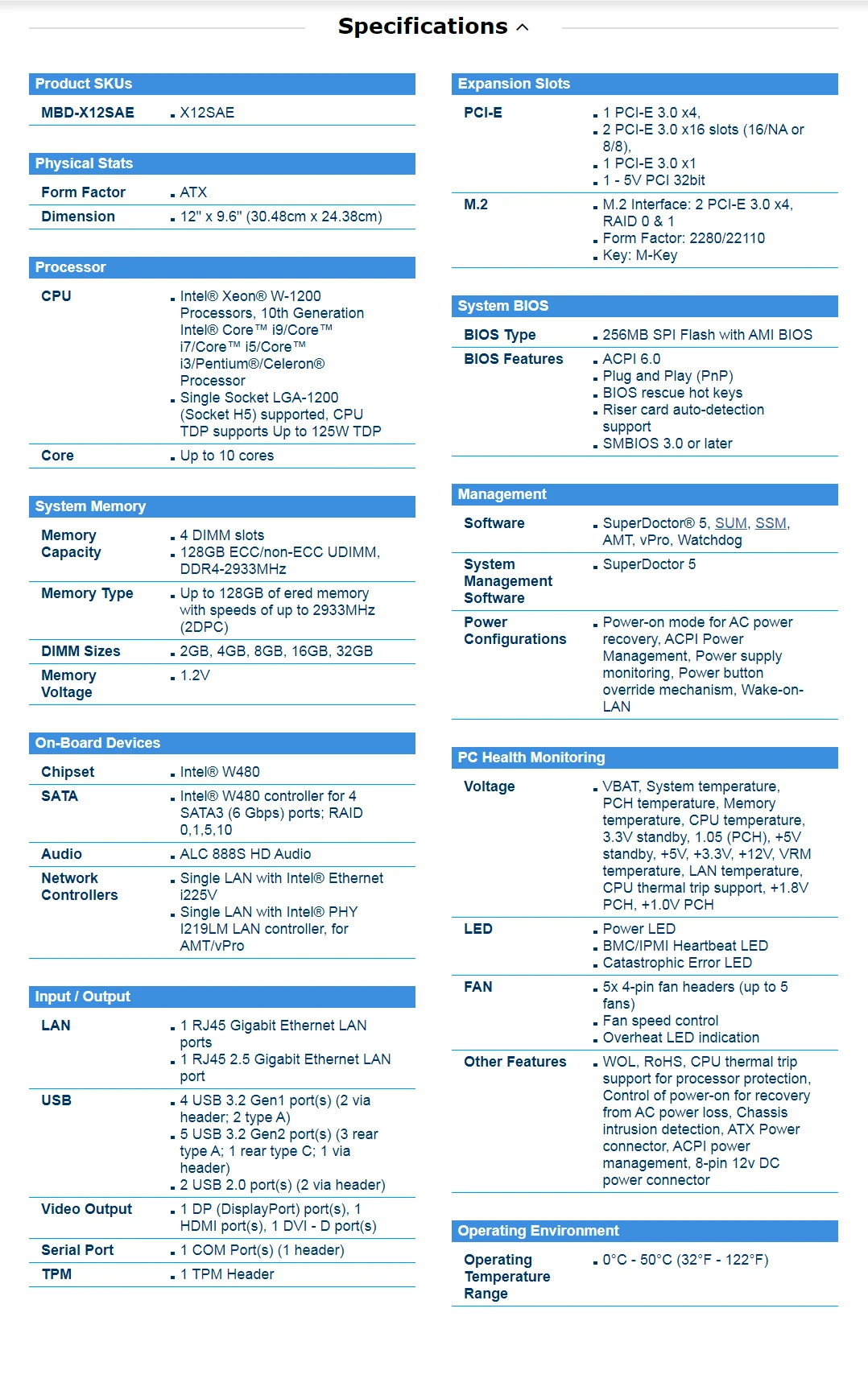 X12SAE Supermicro 워크 스테이션 ATX 마더 보드 LGA-1200 Intel W480 칩셋 DDR4 지원 10 세대 i9/i7/i5/i3 PCI-E3.0