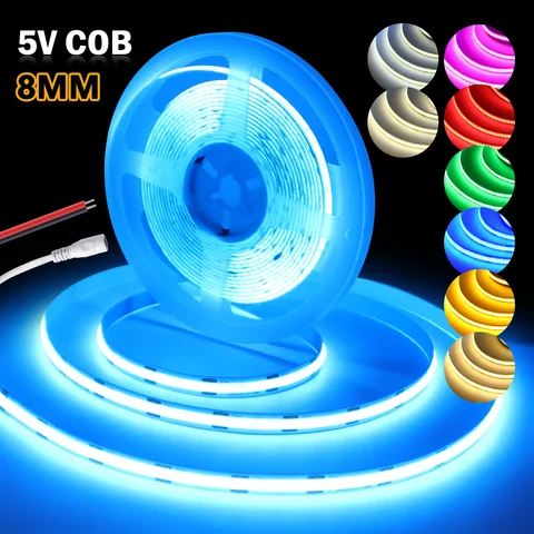 COB Led 스트립 빛 5V 유연한 LED 리본 8mm 320LED/M 고밀도 선형 조명 흰색/빨간색/녹색/분홍색/파란색 접착 테이프