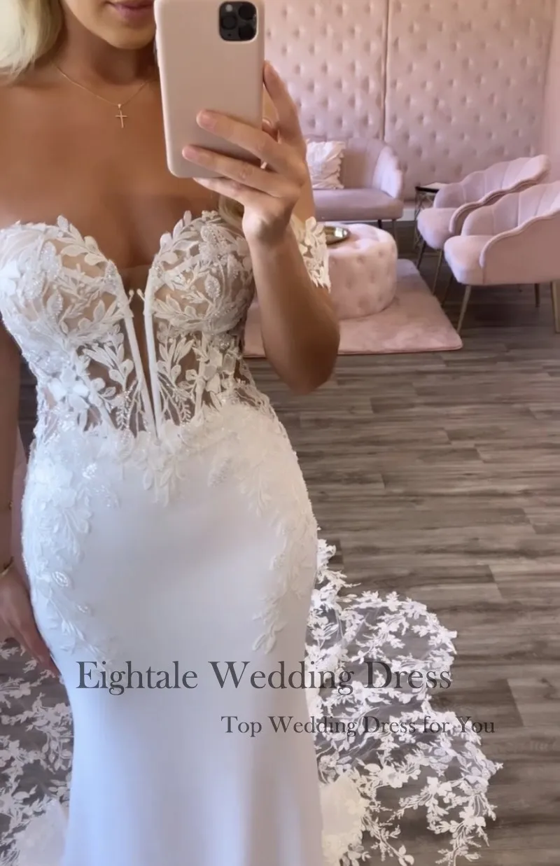 فساتين زفاف Eightale Boho حورية البحر دانتيل بدون أكتاف ذيل محكمة زينة فستان زفاف مخصص أبيض عاجي hochzeitskleid