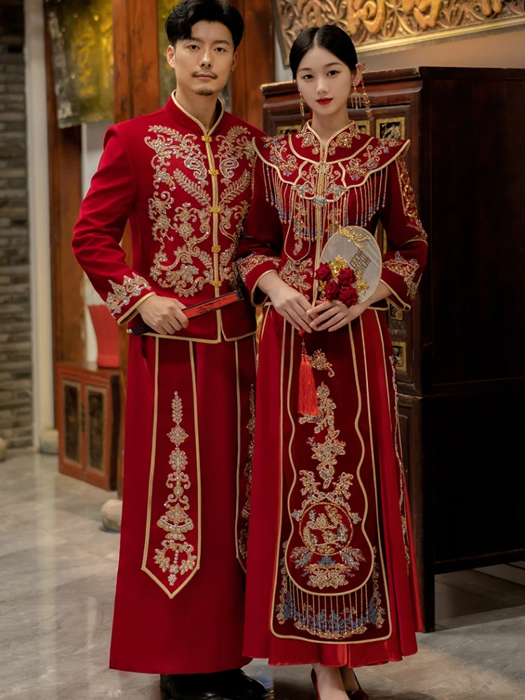 Chinese Wedding  Velvet Chinese Style Bride Dress Senior Xiuhe Dragon and Phoenix Jacket  Chinese Evening Dresses  Hanfu