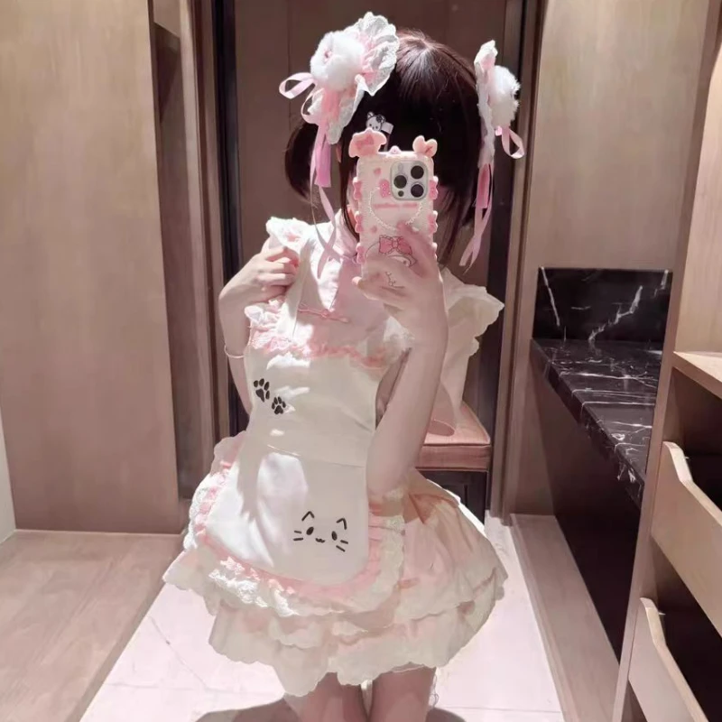 Japanese Kawaii Lolita Maid Dress Set Women Sweet Lace PatTchwork Cute Print Bow Apron Princess Dresses Elegant Party Mini Dress