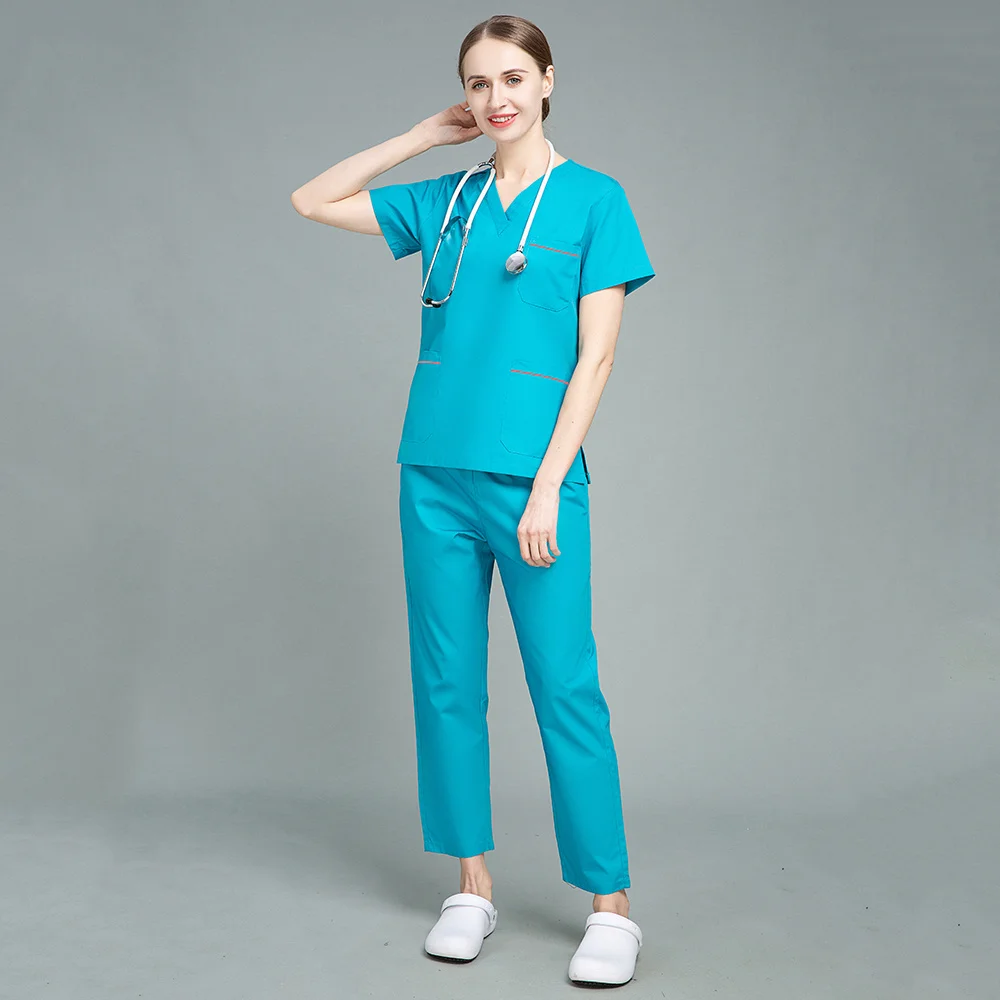 Scrubs Medical Uniform 2021 krótki rękaw, dekolt w szpic, kieszeń, pracownicy, chirurgiczne garnitury, topy + spodnie, na letnie laboratorium, pyłoszczelne mundury