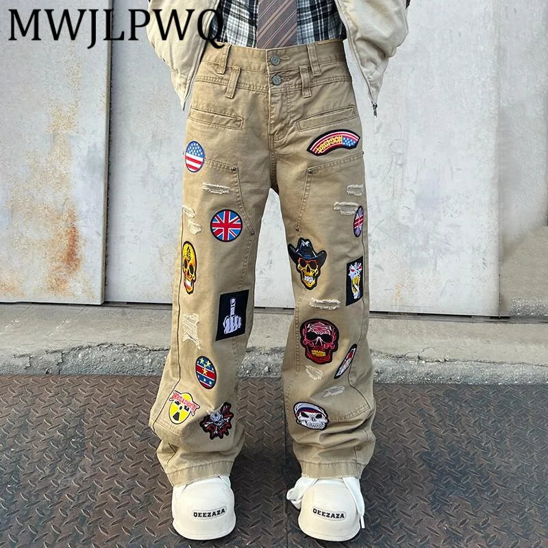 

MWJLPWQ Washed Vintage Embroidery Deniim Long Pants Male High Street Distressed Niche Straight Jeans For Men Women Pants 12478