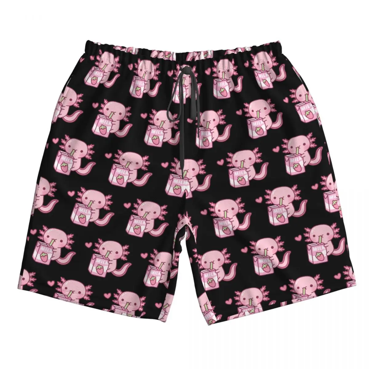 Cute Axolotl Loves Strawberry Milk Doodle Trunks Beach Board Shorts Casual Quick Dry Swim Summer Men Pants