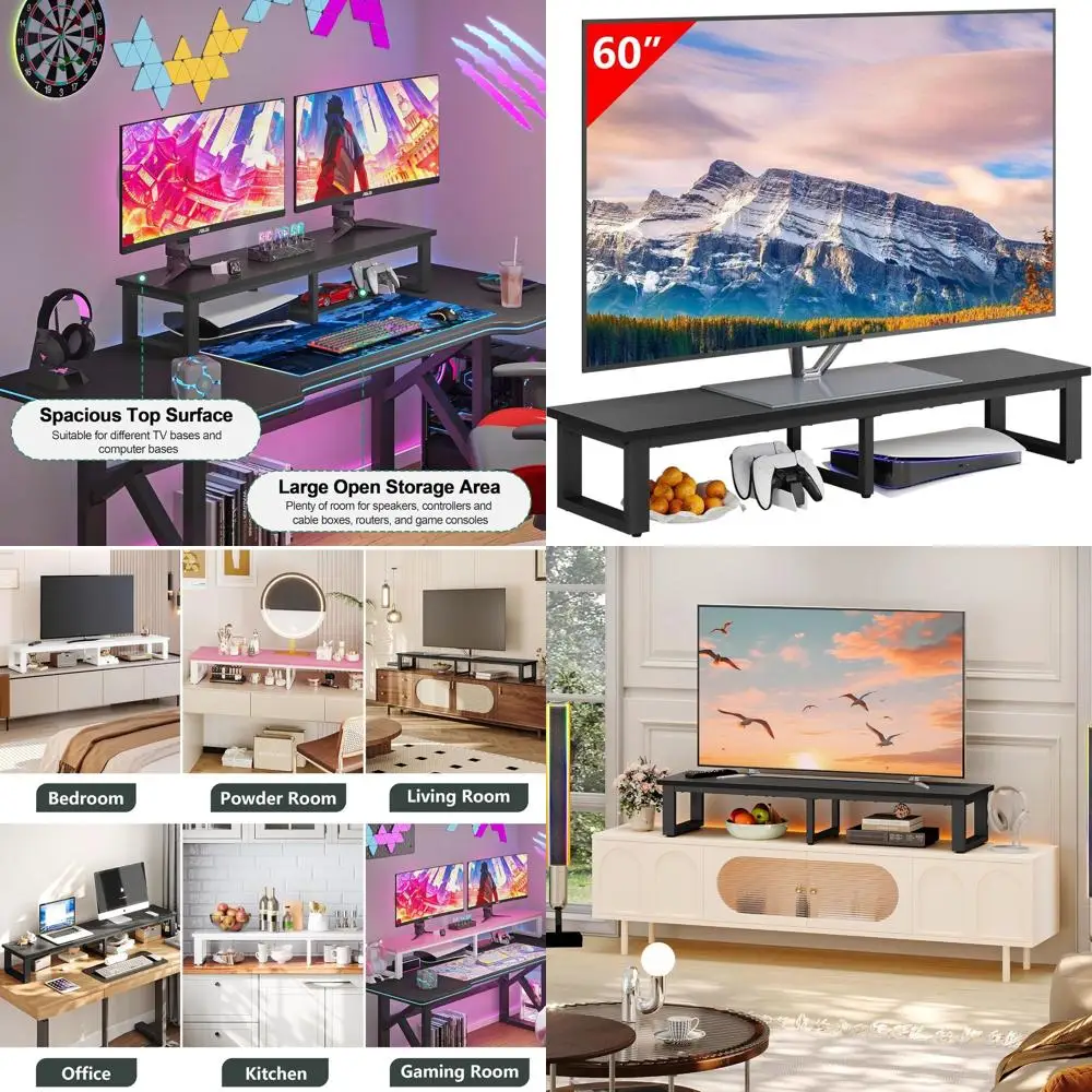 

Регулируемая подставка для телевизоров 32–60 дюймов, стальной каркас, стол для хранения и двухэкранный стол, идеально подходит для дома, офиса и гостиной,
