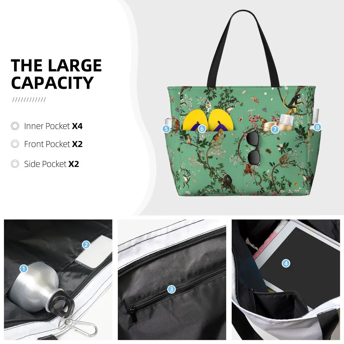 Monkey World Green Beach Tote Bag Sport Gym Yoga Duffle Large Tote Bag Women Travel Bag Fitness bag