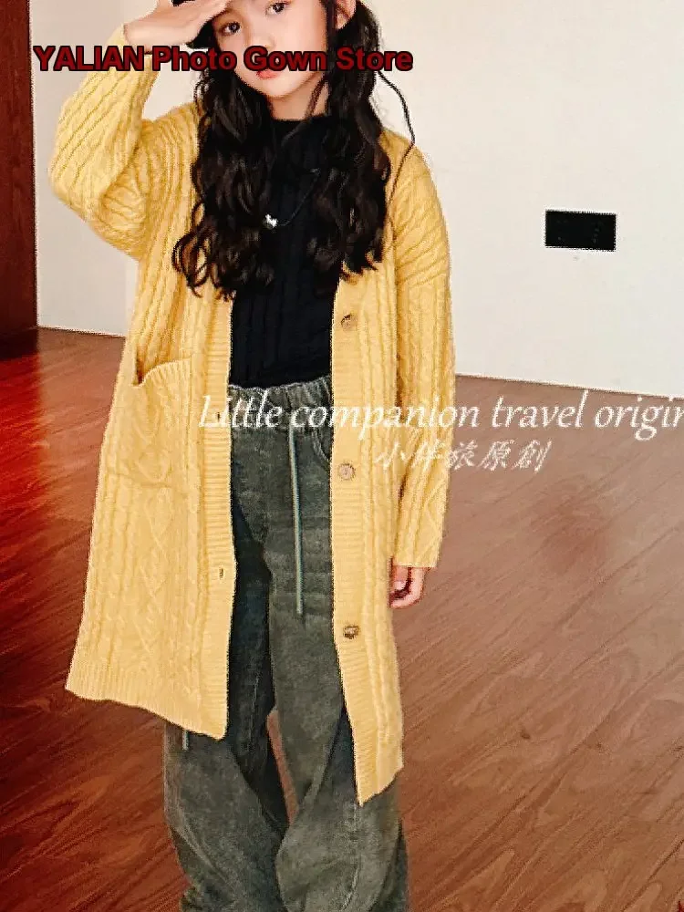 Girls Long Autumn Winter 2023 Thickened Knit Coat Solid Color Top Baby Girl Fall Wear Kids