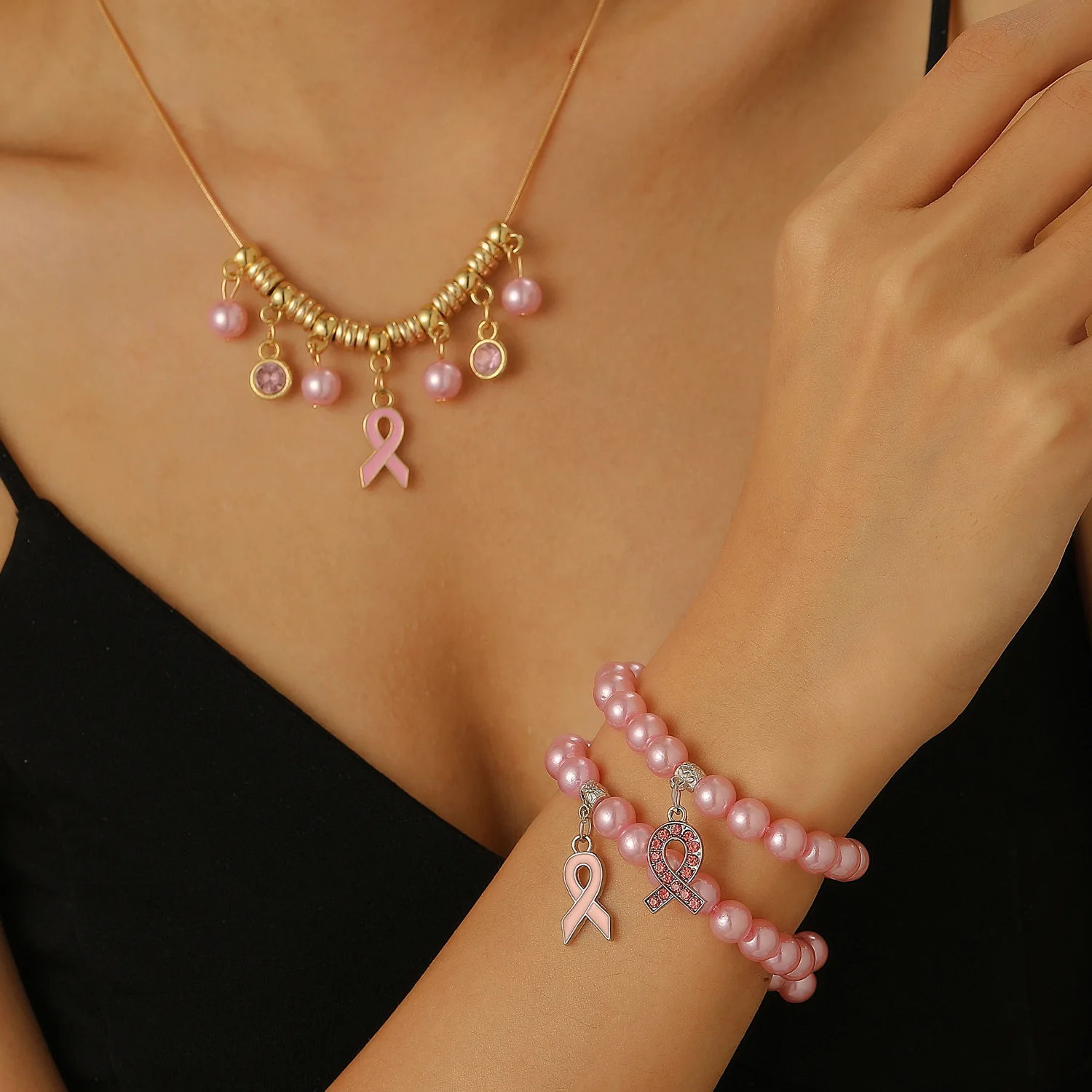 

Pink Ribbon Simulated Pearl Bracelets Necklace Chain Beaded Jewelry Set Women Charms Pink Style Balinese Design