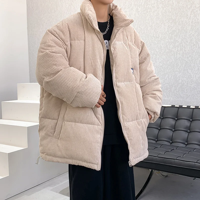 Winter Corduroy Parkas Puffer Jacket Men Casual Loose Fashion Thicken Warm Male Parker Coat Solid Stand Collar Cotton-Padded