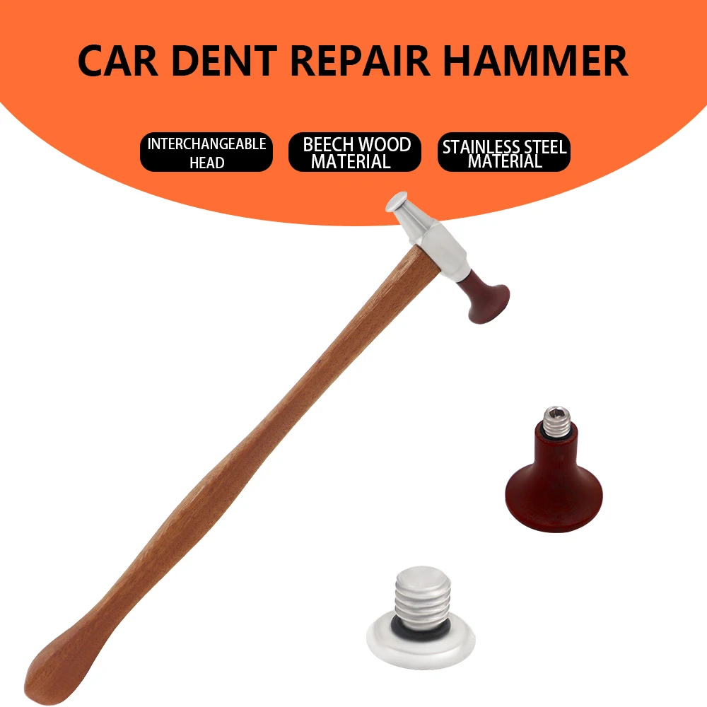 PDR Hammer with Beech Wood Handle, Interchangeable Stainless Steel  POM Heads For Car Body Paintless Dent Repair Tools