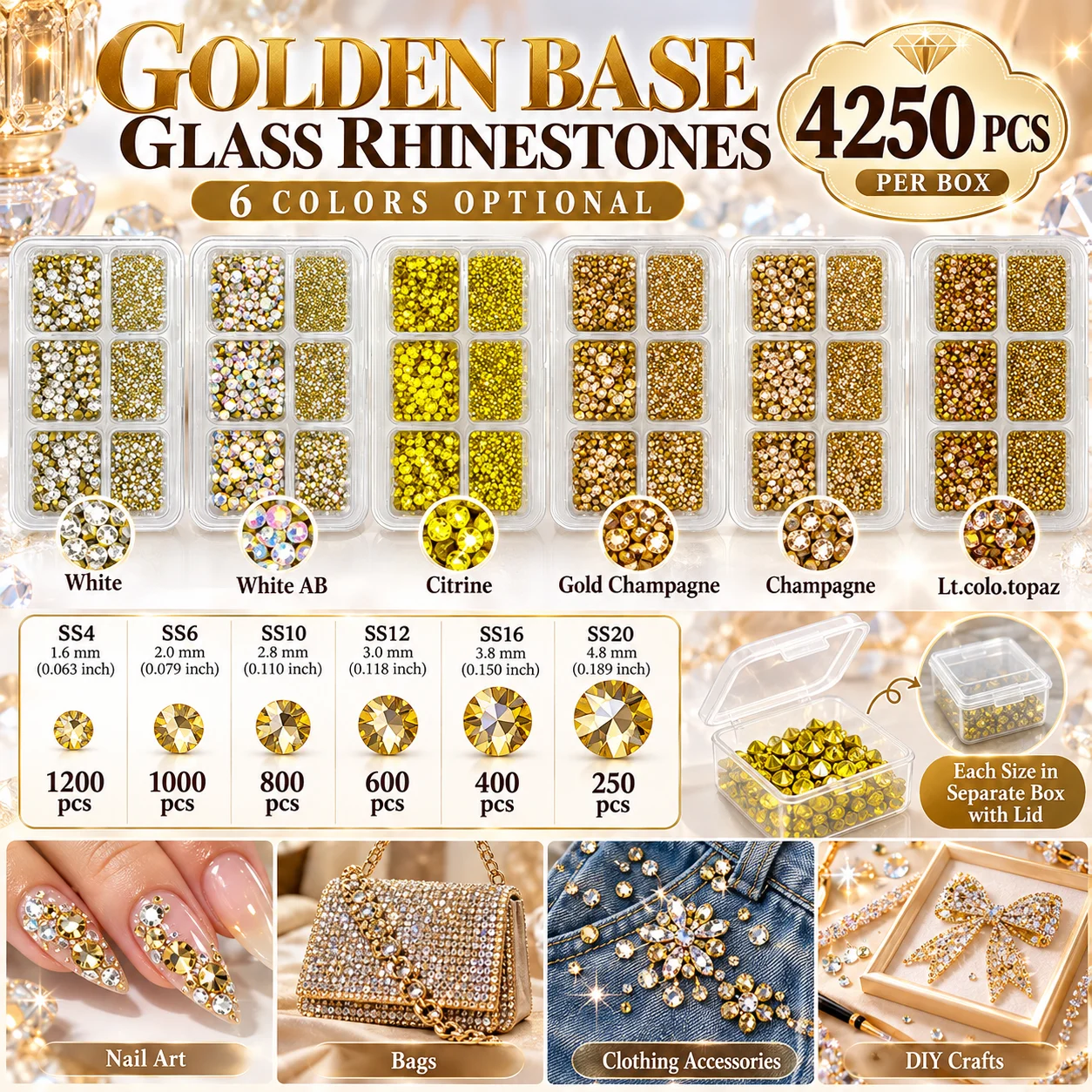 4250Pcs/Box Golden Bottom Pointback Glass Rhinestones White/WhiteAB/Citrine/Golden Champagne/Champagne/Lt.colo.topaz SS4-20 DIY