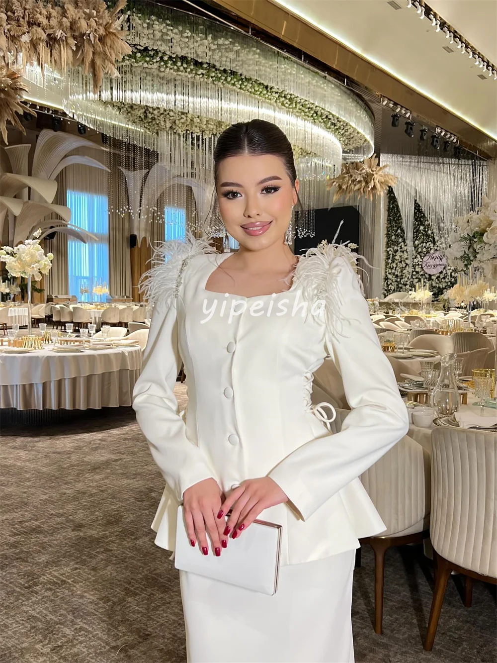 Personalizado combinando formal jérsei botão pena plissado em linha reta pescoço quadrado vestidos longos sob medida vestidos de ocasião alta qualidade