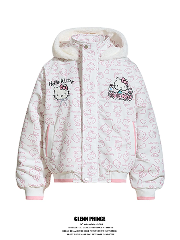 

Kit Embroidered Thiened Cotton Jaet Women's Winter Warm Coat with Hat Ear Design Sweet Sle Loose Fit Zipper