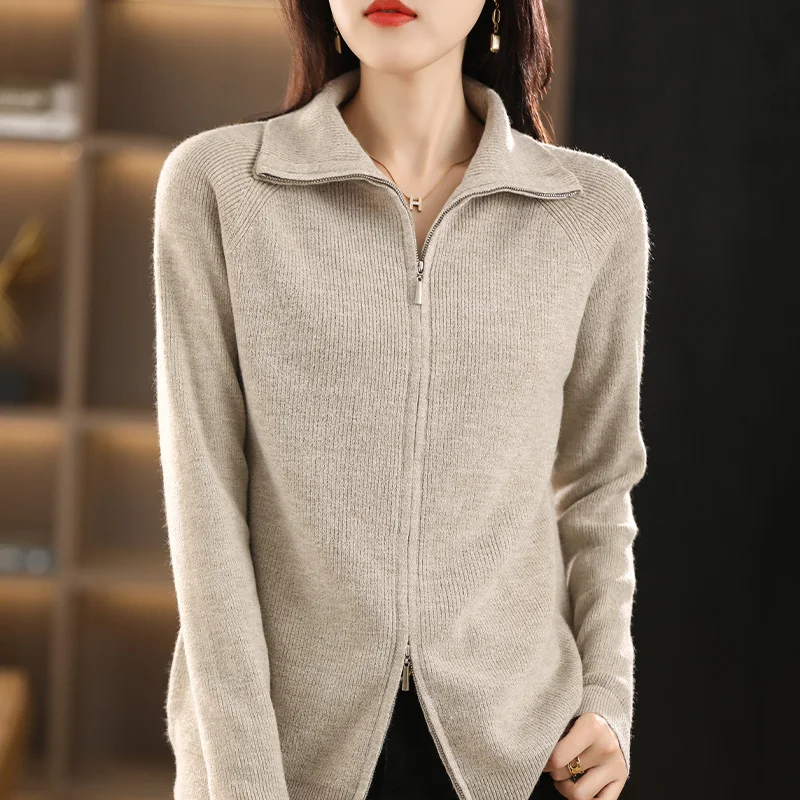 Autumn Winter New Women Wool Sweater Clothing Double Zipper Lower Lapel Cardigan Fashion Female Casual Knitted Tops Soft Jacket