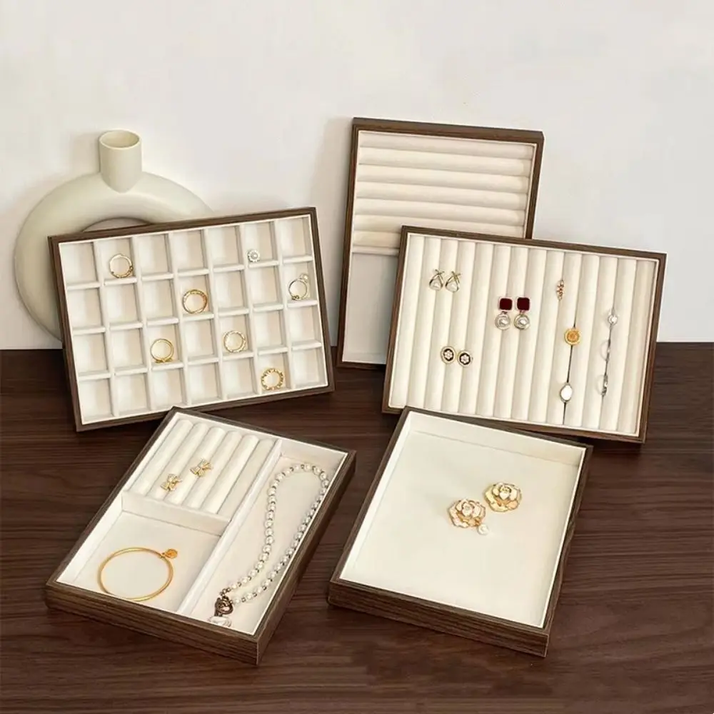 Multi-Compartment Wooden Jewelry Display Tray Solid Wood Flat Bottom Earrings Storage Holder Stackable Multi-purpose