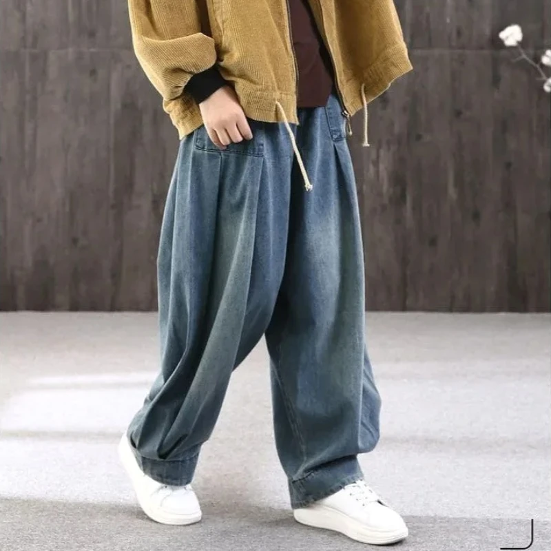 Harem Jeans Women Bloomers Pants Elastic Waist Distressed Washed Pockets Mom 2025 Streetwear Vintage Denim Loose Trousers