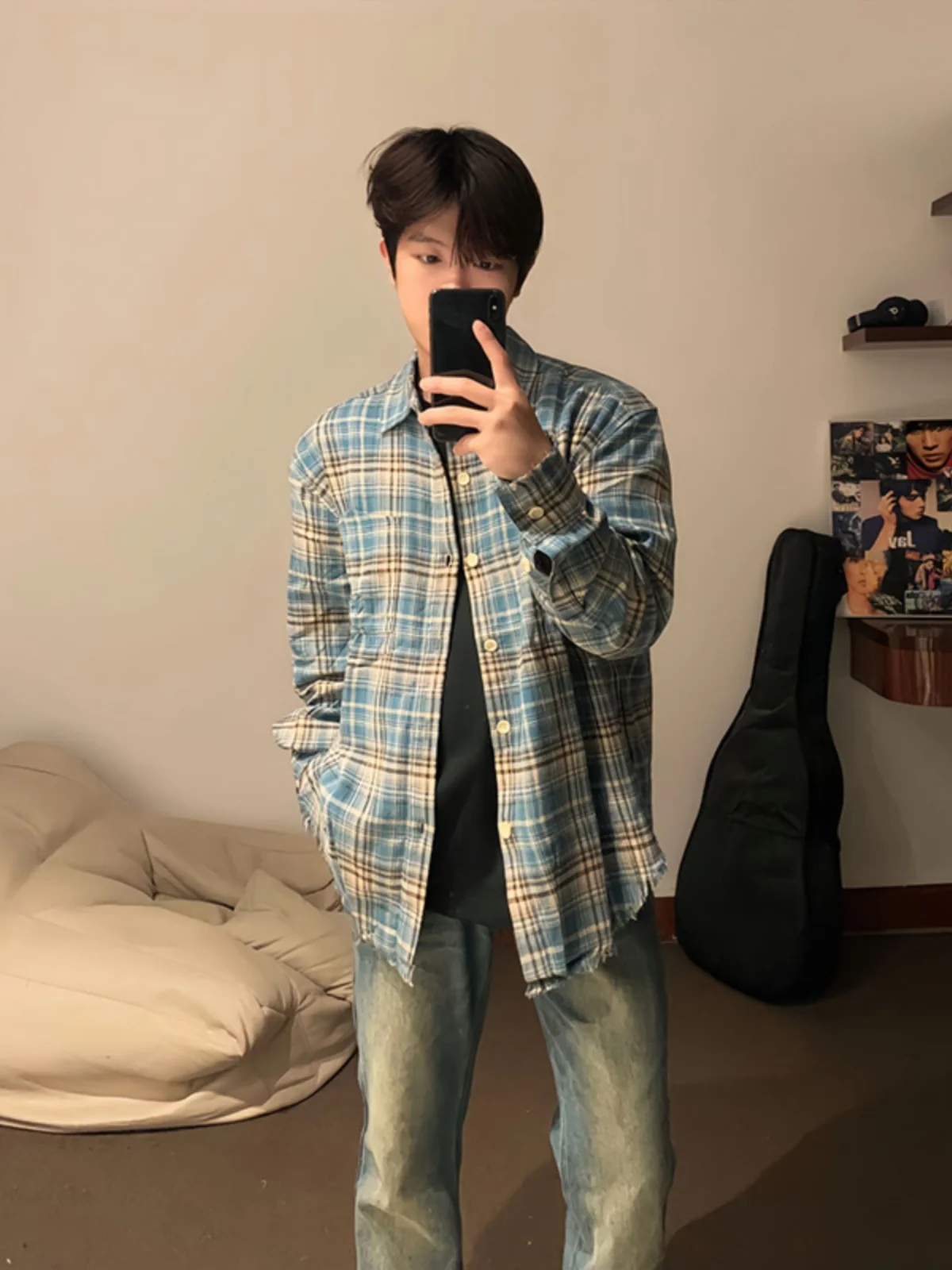 

Blue Summer Men's Cheered irt Retro High Street Sle Sun Protection Loose Fit Long Sve Faionable Youth Polyester Fiber