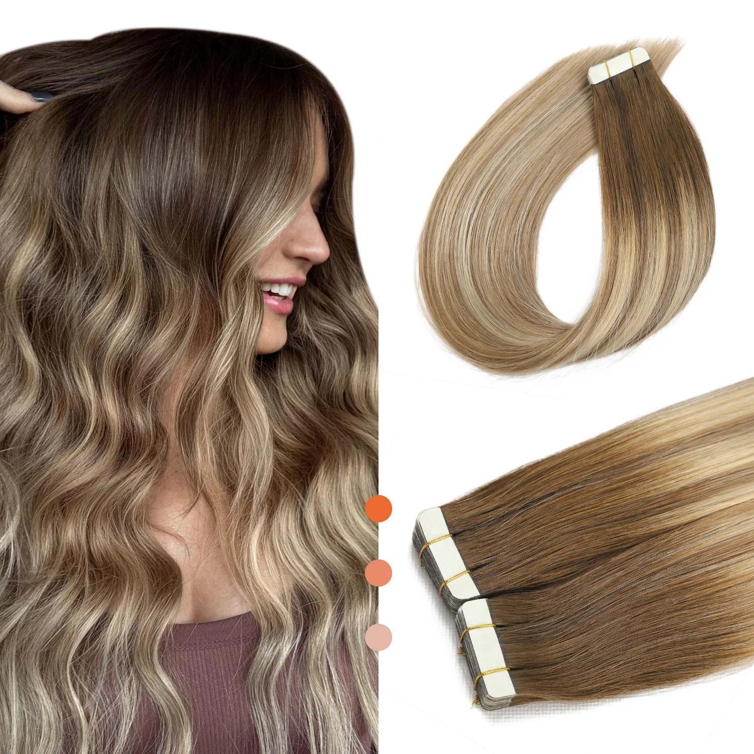 XDhair 14"-24" Tape In Hair Extensions Human Hair 50g 20pcs Balayage Walnut Brown to Ash Brown and Blonde Tape Hair Extension